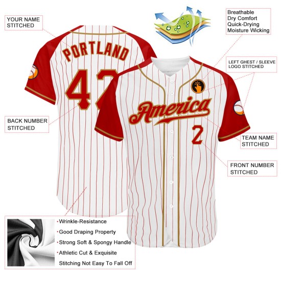 Maillot de baseball blanc à manches raglan dorées, authentique et personnalisé, rouge et rayures anciennes Maillot de baseball blanc à manches raglan dorées, authentique et personnalisé, rouge et rayures anciennes
