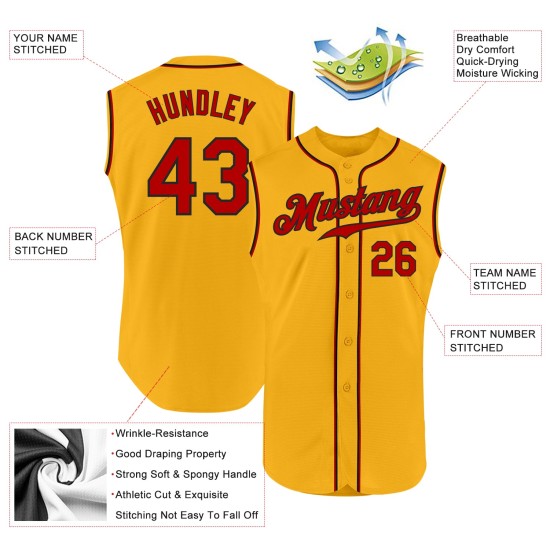Maillot de baseball sans manches personnalisé, couleur or, authentique, rouge et noir Maillot de baseball sans manches personnalisé, couleur or, authentique, rouge et noir