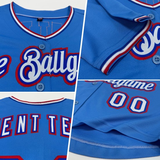 Maillot de baseball court bleu clair personnalisé pour femme, col en V, rouge royal, blanc Maillot de baseball court bleu clair personnalisé pour femme, col en V, rouge royal, blanc