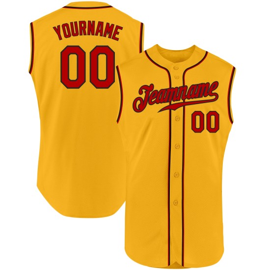 Maillot de baseball sans manches personnalisé, couleur or, authentique, rouge et noir Maillot de baseball sans manches personnalisé, couleur or, authentique, rouge et noir