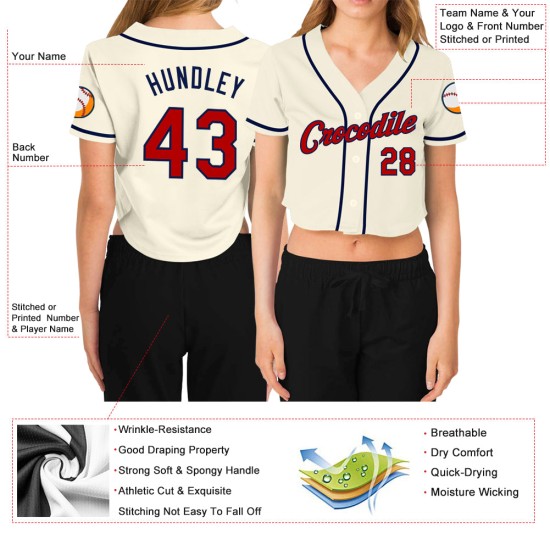 Maillot de baseball court personnalisé rouge-bleu marine à col en V crème pour femme Maillot de baseball court personnalisé rouge-bleu marine à col en V crème pour femme
