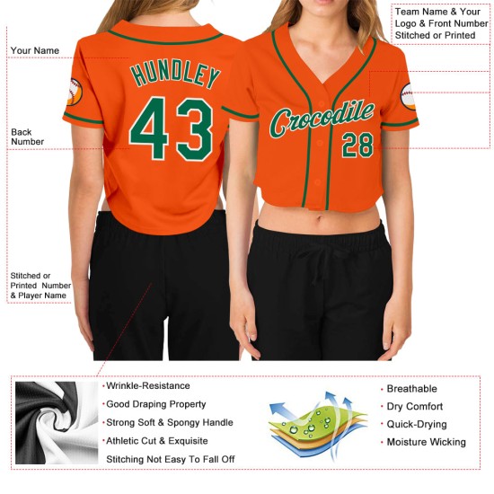 Maillot de baseball court vert-blanc personnalisé à col en V pour femme, orange Kelly Maillot de baseball court vert-blanc personnalisé à col en V pour femme, orange Kelly
