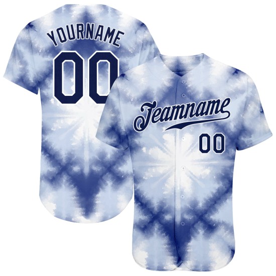 Maillot de baseball authentique personnalisé, cravate teintée en 3D, bleu marine et blanc, motif Shibori Maillot de baseball authentique personnalisé, cravate teintée en 3D, bleu marine et blanc, motif Shibori