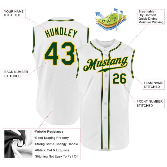 Maillot de baseball blanc personnalisé vert-doré sans manches authentique Maillot de baseball blanc personnalisé vert-doré sans manches authentique