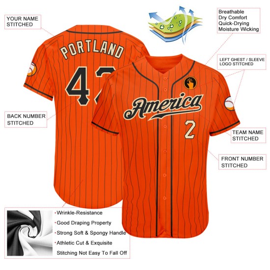 Maillot de baseball personnalisé à rayures fines noir-crème, noir authentique orange Maillot de baseball personnalisé à rayures fines noir-crème, noir authentique orange