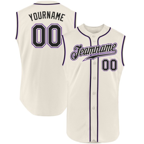 Maillot de baseball sans manches personnalisé crème noir-violet authentique Maillot de baseball sans manches personnalisé crème noir-violet authentique