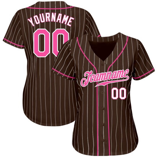 Maillot de baseball personnalisé rose-blanc marron à fines rayures blanc authentique Maillot de baseball personnalisé rose-blanc marron à fines rayures blanc authentique