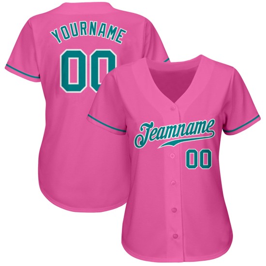 Maillot de baseball personnalisé authentique bleu sarcelle-blanc rose Maillot de baseball personnalisé authentique bleu sarcelle-blanc rose