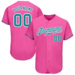 Maillot de baseball personnalisé authentique bleu sarcelle-blanc rose Maillot de baseball personnalisé authentique bleu sarcelle-blanc rose