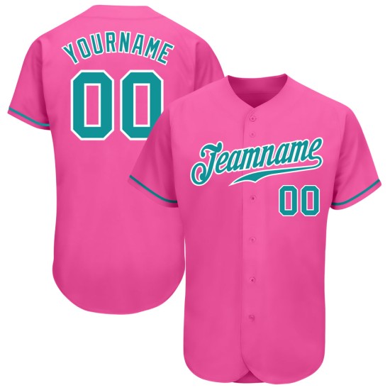 Maillot de baseball personnalisé authentique bleu sarcelle-blanc rose Maillot de baseball personnalisé authentique bleu sarcelle-blanc rose