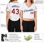 Maillot de baseball femme personnalisé blanc rouge-bleu royal court col en V Maillot de baseball femme personnalisé blanc rouge-bleu royal court col en V