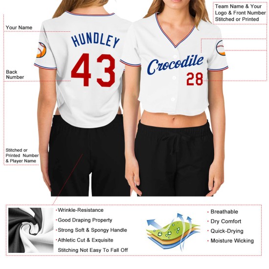 Maillot de baseball femme personnalisé blanc rouge-bleu royal court col en V Maillot de baseball femme personnalisé blanc rouge-bleu royal court col en V