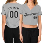 Maillot de baseball court personnalisé noir et blanc pour femme, col en V gris Maillot de baseball court personnalisé noir et blanc pour femme, col en V gris