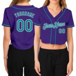 Maillot de baseball court à col en V personnalisé Aqua-Blanc Violet pour femme Maillot de baseball court à col en V personnalisé Aqua-Blanc Violet pour femme