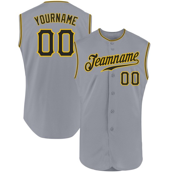 Maillot de baseball personnalisé authentique sans manches noir-doré-gris Maillot de baseball personnalisé authentique sans manches noir-doré-gris