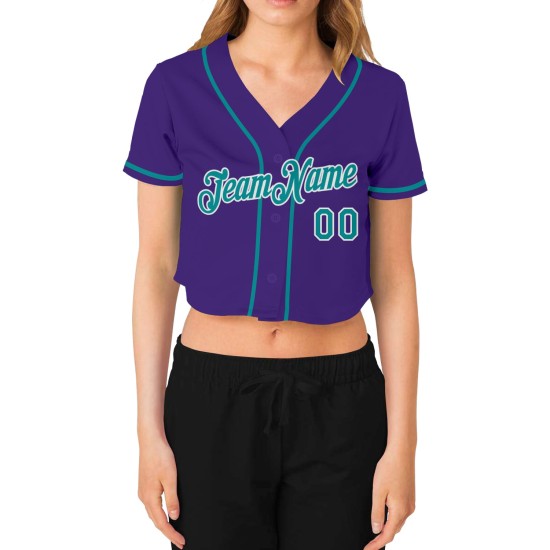 Maillot de baseball court à col en V personnalisé Aqua-Blanc Violet pour femme Maillot de baseball court à col en V personnalisé Aqua-Blanc Violet pour femme