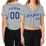 Maillot de baseball court gris à col en V pour femme, personnalisé, bleu royal et blanc Maillot de baseball court gris à col en V pour femme, personnalisé, bleu royal et blanc