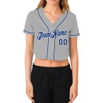 Maillot de baseball court gris à col en V pour femme, personnalisé, bleu royal et blanc Maillot de baseball court gris à col en V pour femme, personnalisé, bleu royal et blanc