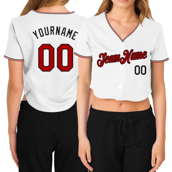 Maillot de baseball court rouge-noir à col en V pour femme, blanc, personnalisé Maillot de baseball court rouge-noir à col en V pour femme, blanc, personnalisé