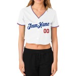 Maillot de baseball femme personnalisé blanc rouge-bleu royal court col en V Maillot de baseball femme personnalisé blanc rouge-bleu royal court col en V