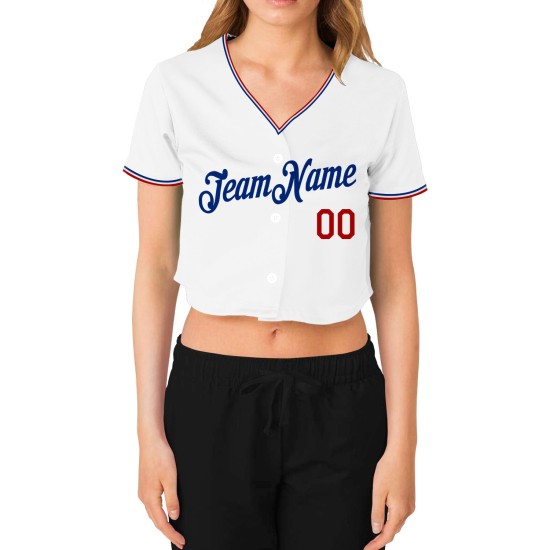 Maillot de baseball femme personnalisé blanc rouge-bleu royal court col en V Maillot de baseball femme personnalisé blanc rouge-bleu royal court col en V