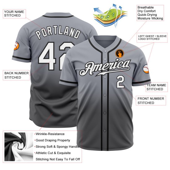Maillot de baseball blanc tendance gris-noir authentique, gris acier délavé, personnalisé Maillot de baseball blanc tendance gris-noir authentique, gris acier délavé, personnalisé