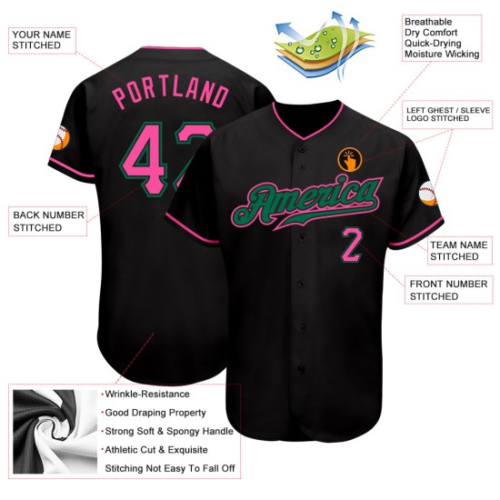 Maillot de baseball personnalisé rose-Kelly noir authentique vert Maillot de baseball personnalisé rose-Kelly noir authentique vert