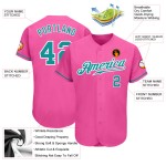 Maillot de baseball personnalisé authentique bleu sarcelle-blanc rose Maillot de baseball personnalisé authentique bleu sarcelle-blanc rose