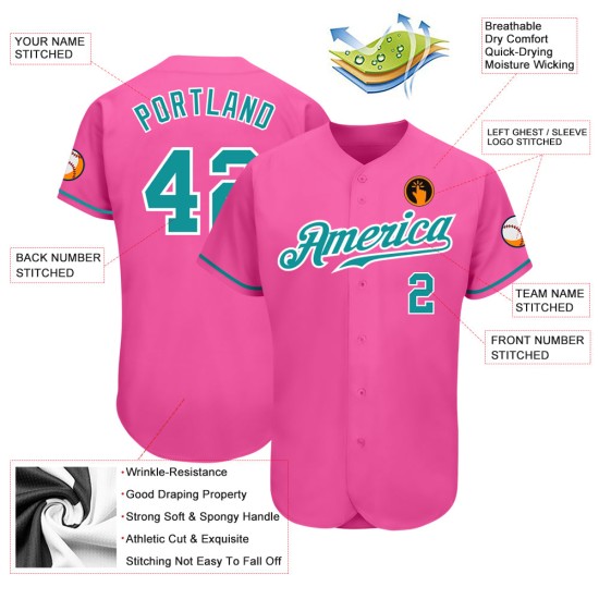 Maillot de baseball personnalisé authentique bleu sarcelle-blanc rose Maillot de baseball personnalisé authentique bleu sarcelle-blanc rose