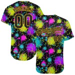 Maillot de baseball authentique personnalisé avec graffitis, motif 3D, éclaboussures noires et dorées Maillot de baseball authentique personnalisé avec graffitis, motif 3D, éclaboussures noires et dorées