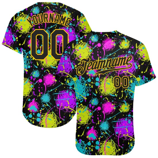 Maillot de baseball authentique personnalisé avec graffitis, motif 3D, éclaboussures noires et dorées Maillot de baseball authentique personnalisé avec graffitis, motif 3D, éclaboussures noires et dorées