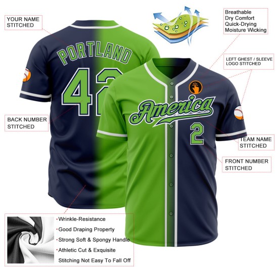 Maillot personnalisé dégradé fluo mode vert-blanc authentique baseball bleu marine Maillot personnalisé dégradé fluo mode vert-blanc authentique baseball bleu marine