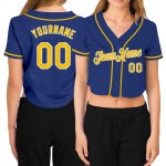 Maillot de baseball court personnalisé à col en V pour femme Royal, couleur or et blanc Maillot de baseball court personnalisé à col en V pour femme Royal, couleur or et blanc