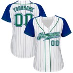 Maillot de baseball Kelly blanc à rayures fines, manches raglan, vert royal, authentique et personnalisé Maillot de baseball Kelly blanc à rayures fines, manches raglan, vert royal, authentique et personnalisé