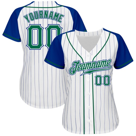 Maillot de baseball Kelly blanc à rayures fines, manches raglan, vert royal, authentique et personnalisé Maillot de baseball Kelly blanc à rayures fines, manches raglan, vert royal, authentique et personnalisé