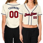 Maillot de baseball court personnalisé rouge-bleu marine à col en V crème pour femme Maillot de baseball court personnalisé rouge-bleu marine à col en V crème pour femme