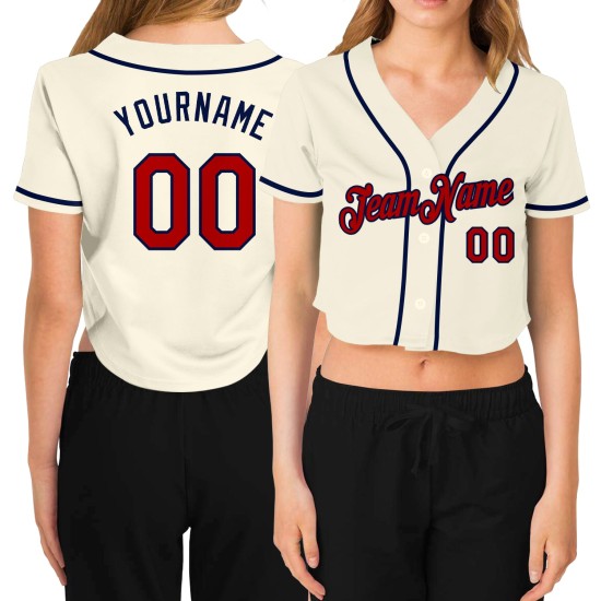 Maillot de baseball court personnalisé rouge-bleu marine à col en V crème pour femme Maillot de baseball court personnalisé rouge-bleu marine à col en V crème pour femme