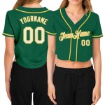 Maillot de baseball court à col en V pour femme, vert, blanc et or, personnalisé Maillot de baseball court à col en V pour femme, vert, blanc et or, personnalisé