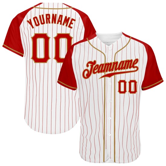 Maillot de baseball blanc à manches raglan dorées, authentique et personnalisé, rouge et rayures anciennes Maillot de baseball blanc à manches raglan dorées, authentique et personnalisé, rouge et rayures anciennes