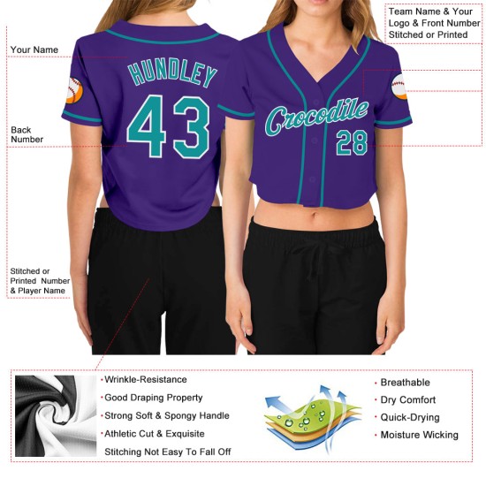 Maillot de baseball court à col en V personnalisé Aqua-Blanc Violet pour femme Maillot de baseball court à col en V personnalisé Aqua-Blanc Violet pour femme