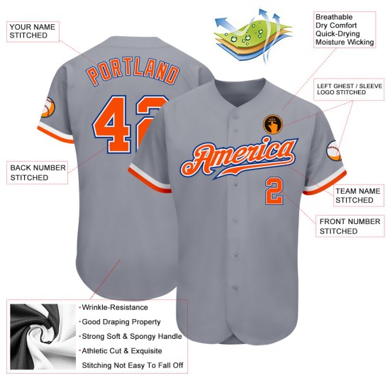 Maillot de baseball personnalisé authentique blanc-gris royal orange Maillot de baseball personnalisé authentique blanc-gris royal orange