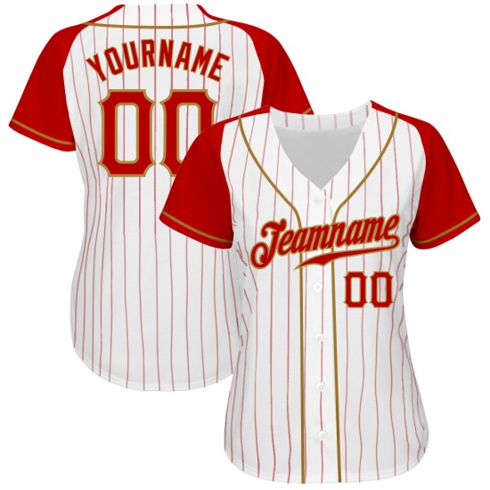 Maillot de baseball blanc à manches raglan dorées, authentique et personnalisé, rouge et rayures anciennes Maillot de baseball blanc à manches raglan dorées, authentique et personnalisé, rouge et rayures anciennes