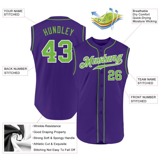 Maillot de baseball fluo sans manches, authentique, violet, vert et blanc, personnalisé Maillot de baseball fluo sans manches, authentique, violet, vert et blanc, personnalisé