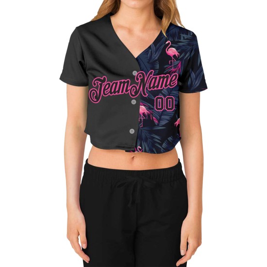 Maillot de baseball court 3D personnalisé noir et rose à col en V Flamingo pour femme Maillot de baseball court 3D personnalisé noir et rose à col en V Flamingo pour femme