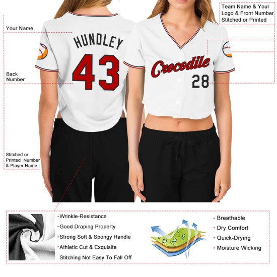 Maillot de baseball court rouge-noir à col en V pour femme, blanc, personnalisé Maillot de baseball court rouge-noir à col en V pour femme, blanc, personnalisé