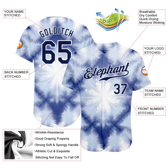 Maillot de baseball authentique personnalisé, cravate teintée en 3D, bleu marine et blanc, motif Shibori Maillot de baseball authentique personnalisé, cravate teintée en 3D, bleu marine et blanc, motif Shibori