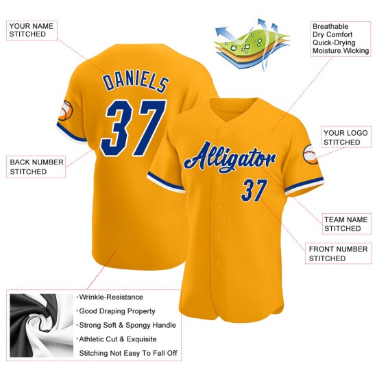 Maillot de baseball authentique doré, royal et blanc, personnalisé Maillot de baseball authentique doré, royal et blanc, personnalisé