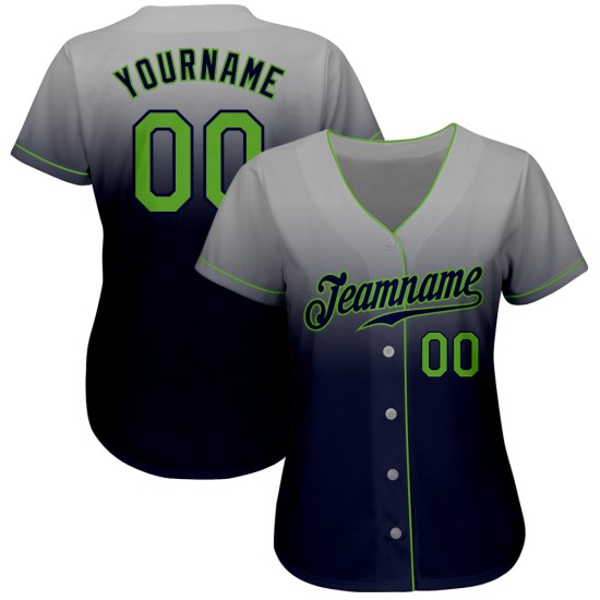 Maillot de baseball gris dégradé fluo personnalisé vert-bleu marine authentique et tendance Maillot de baseball gris dégradé fluo personnalisé vert-bleu marine authentique et tendance