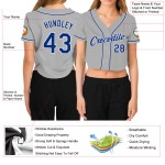 Maillot de baseball court gris à col en V pour femme, personnalisé, bleu royal et blanc Maillot de baseball court gris à col en V pour femme, personnalisé, bleu royal et blanc