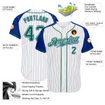 Maillot de baseball Kelly blanc à rayures fines, manches raglan, vert royal, authentique et personnalisé Maillot de baseball Kelly blanc à rayures fines, manches raglan, vert royal, authentique et personnalisé